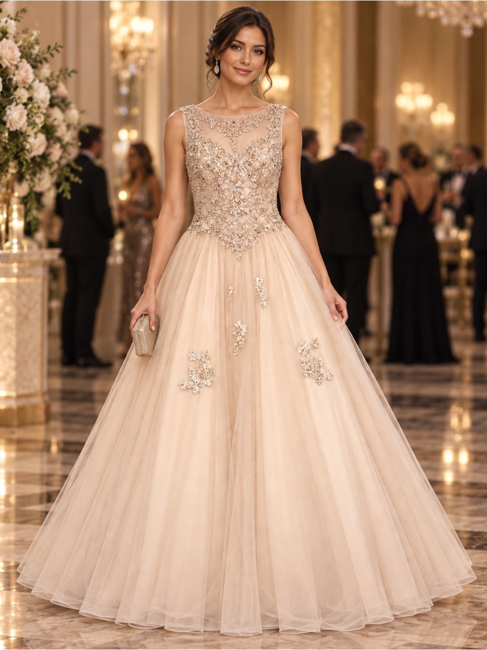 Leonia Lee Champagne Beaded Gown Gala Princess Pageant Homecoming Formal Dress